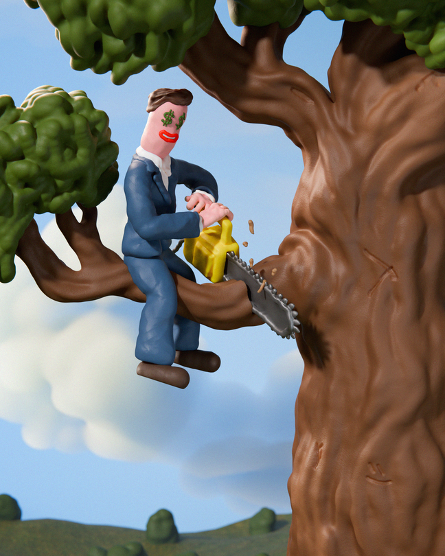 illustration with claymation-style smiling figure with dollar signs for eyes, wearing blue suit, sitting on high tree branch facing trunk and using chainsaw to saw off same branch