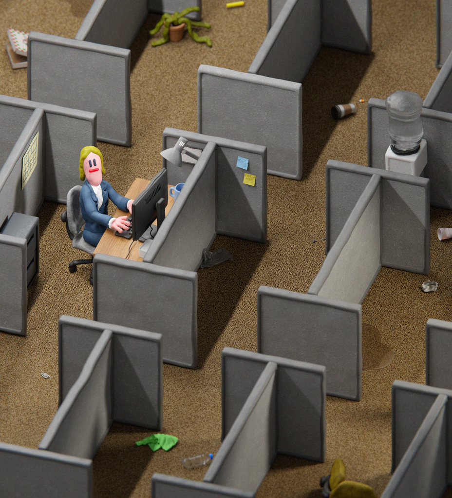 illustration of vast empty cubicle farm except for one claymation-like figure still working, the rest of the cubicles with scattered trash and dead plant